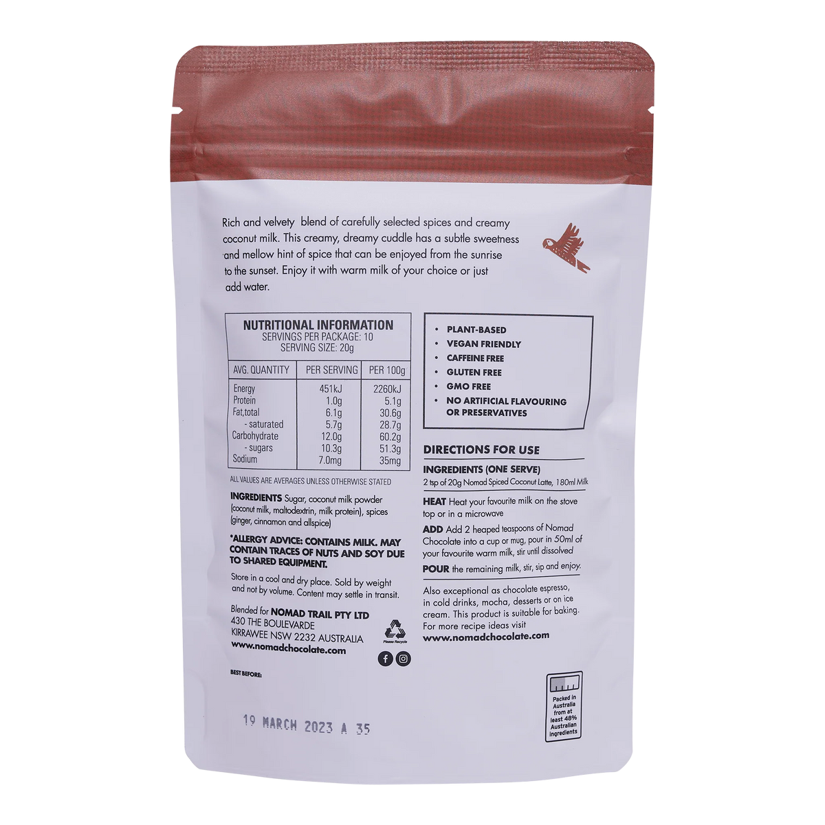 Nomad Drinking Chocolate Spiced Coconut Latte 200G